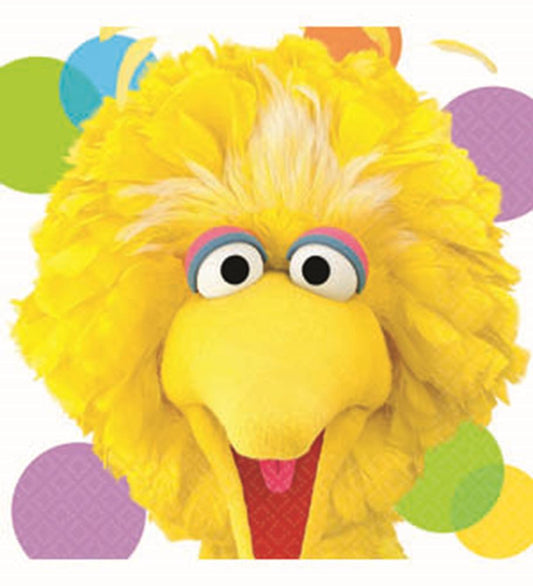 Yellow Big Bird-themed paper napkin with bright feathers and large eyes, 16-count pack.