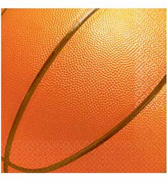 Close-up of textured orange basketball surface with black curved lines.