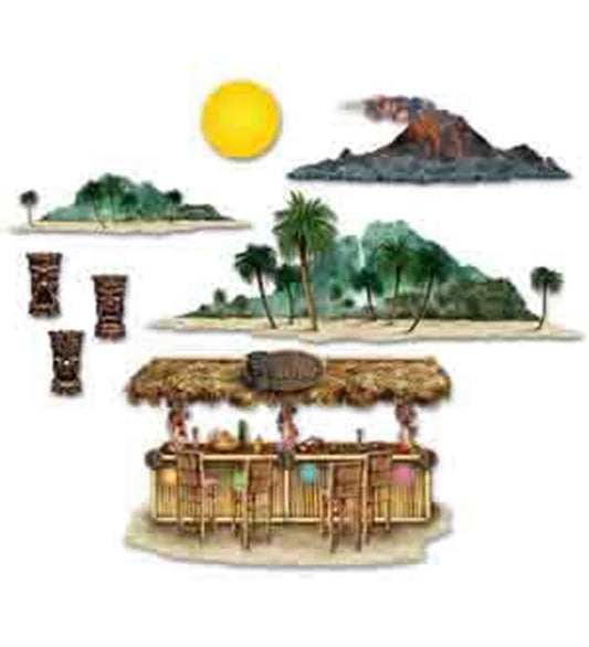 Miniature tiki bar with thatched roof, palm trees, tropical island scenes, volcano with lava, and tiki mugs.