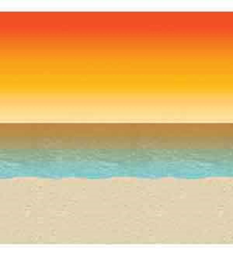Orange to yellow gradient sunset sky above a calm blue ocean with beige sandy beach backdrop.
