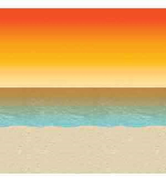 Orange to yellow gradient sunset sky above a calm blue ocean with beige sandy beach backdrop.