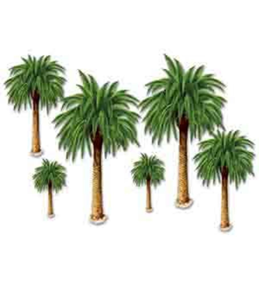 Set of six artificial palm tree props in varying heights with green fronds and textured brown trunks for party decoration.