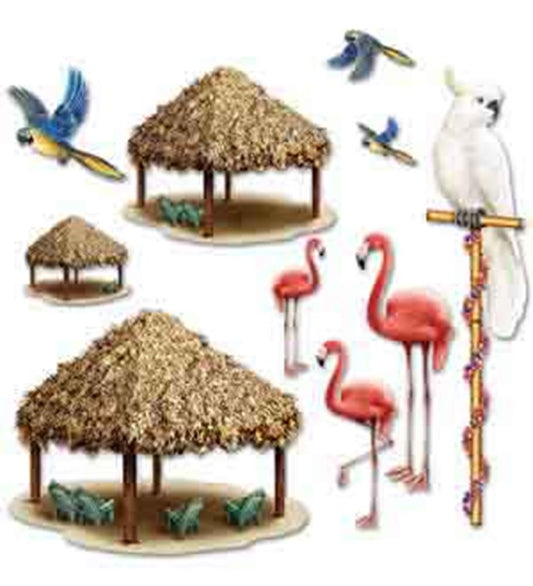 Thatched Luau tiki huts with green foliage bases and colorful tropical bird props including pink flamingos, blue parrots,.