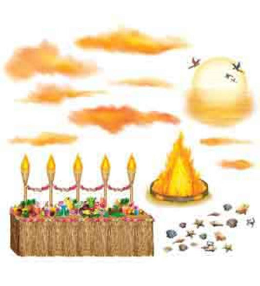 Colorful tropical-themed party props including a grass-encased cake with lit candles, orange clouds, a yellow sun with.