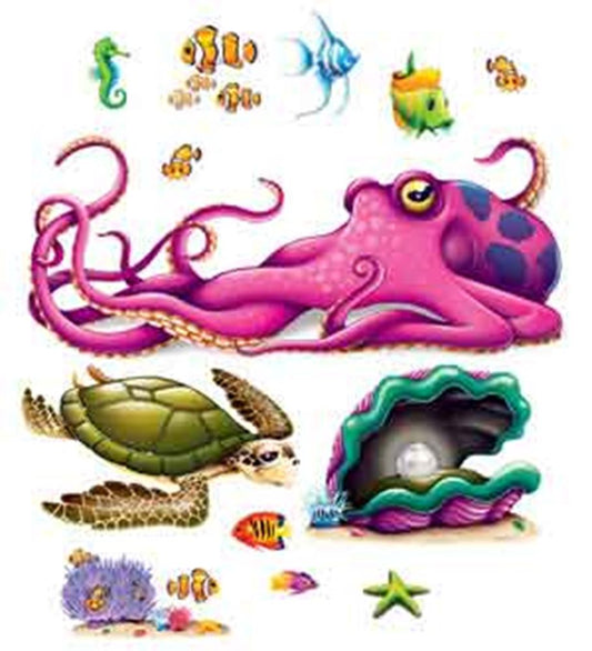 Colorful cartoon-style sea creature props including a pink octopus, green sea turtle, clam with a pearl, starfish, seahorse,