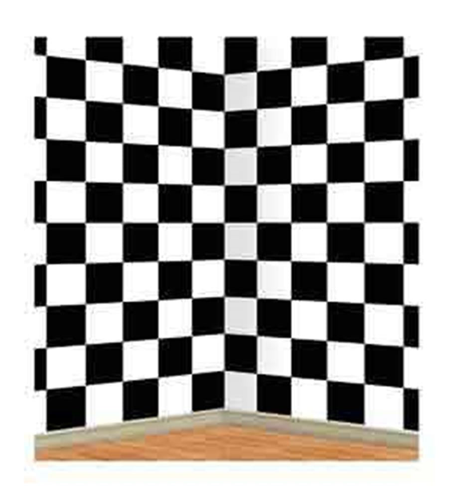 Black and white checkered racing backdrop with a corner fold, smooth fabric texture.