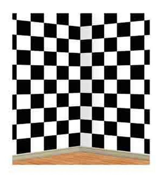 Black and white checkered racing backdrop with a corner fold, smooth fabric texture.