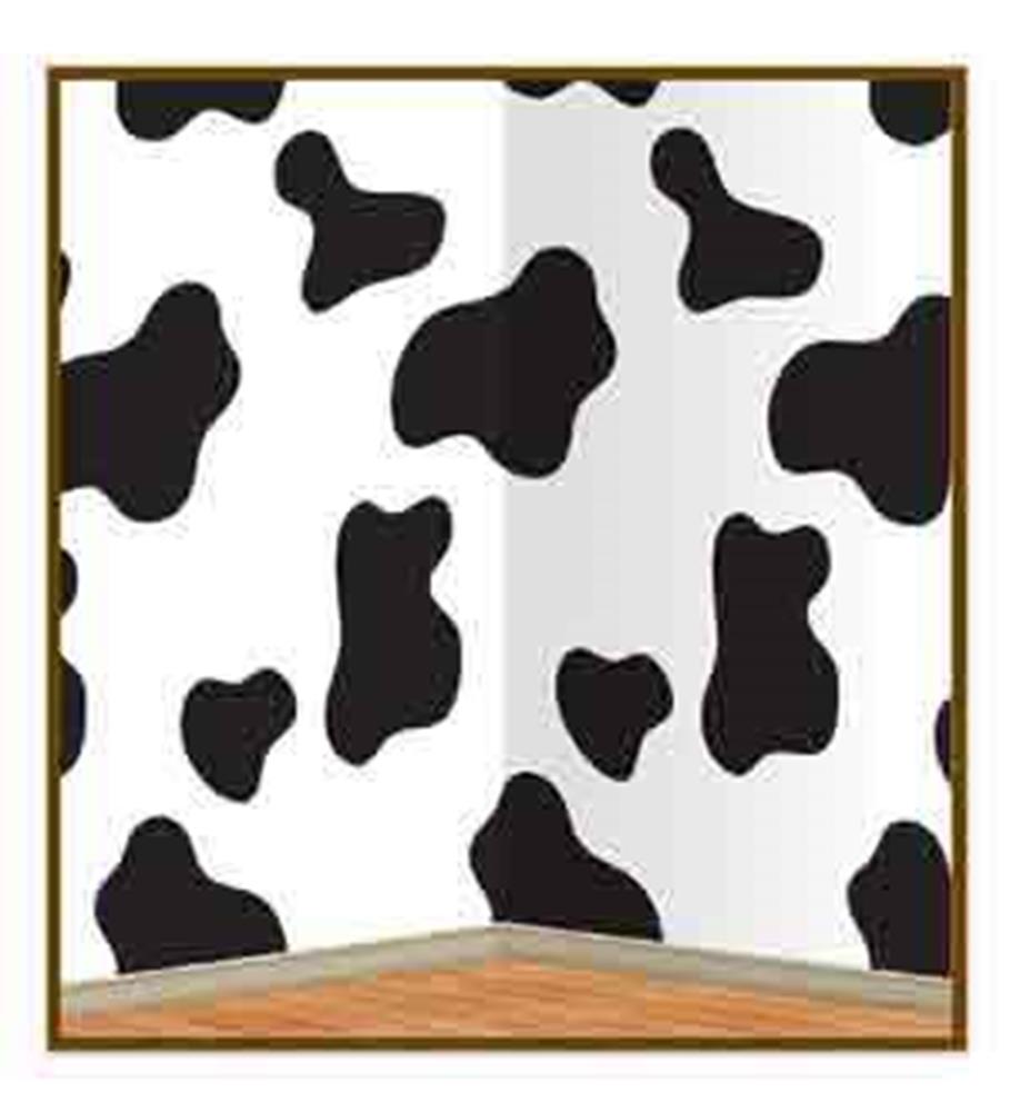 White backdrop with irregular black cow print spots covering the surface.