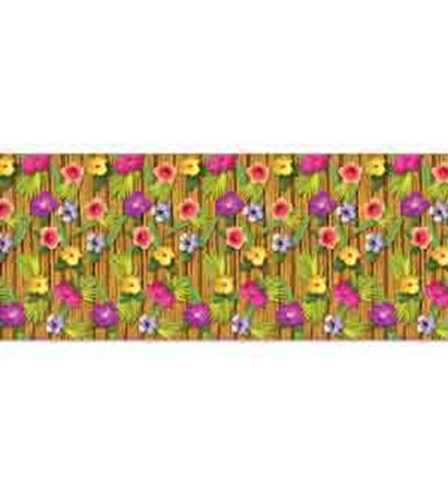 Tropical luau backdrop with repeating pattern of green palm leaves and colorful hibiscus flowers in pink, orange, yellow,.