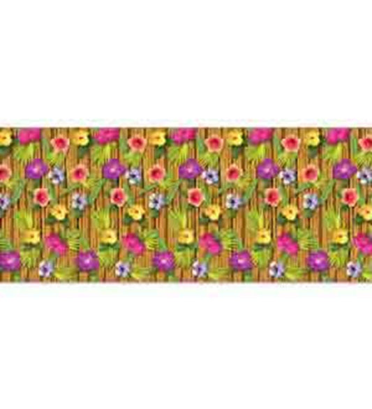 Tropical luau backdrop with repeating pattern of green palm leaves and colorful hibiscus flowers in pink, orange, yellow,.
