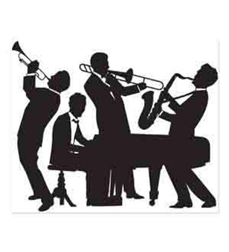 Black silhouette mural of four jazz musicians playing trumpet, trombone, saxophone, and piano.