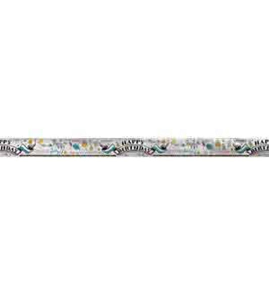 12ft foil banner with colorful doodle-style Happy Birthday text and festive icons.