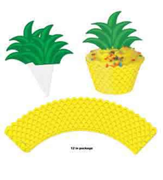 Yellow cupcake wrapper with pineapple texture and green leafy top decoration.