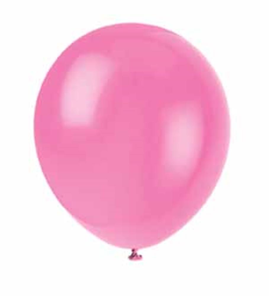 Bright bubble gum pink latex balloon, 5-inch round with glossy finish and tied end.