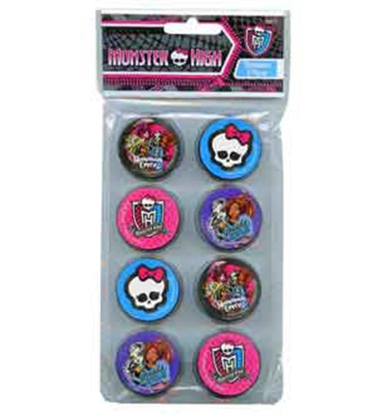 Pack of 8 round pencil sharpeners featuring colorful Monster High character designs on plastic casing.