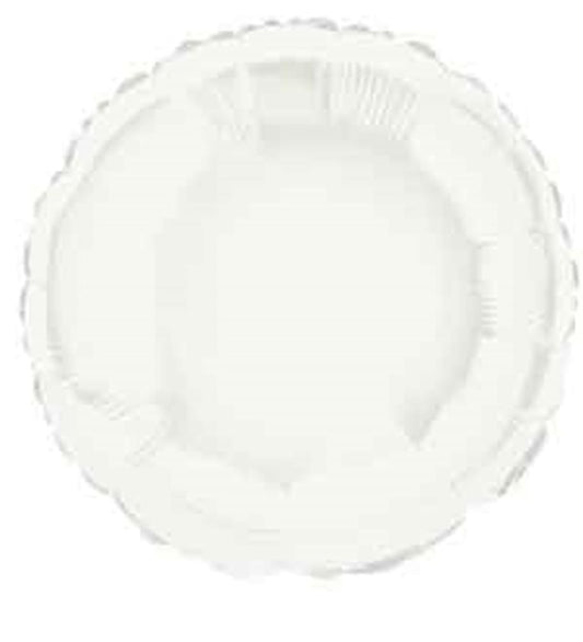 Round white foil balloon with a smooth, shiny surface and scalloped edges, 18 inches wide.