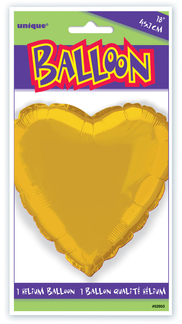 Gold foil heart-shaped balloon, 18 inches, shiny metallic finish, sealed in clear packaging.