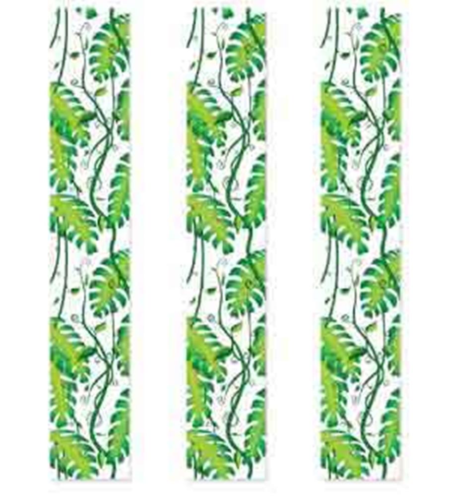Three vertical panels with green jungle vines and leaves on a white background.