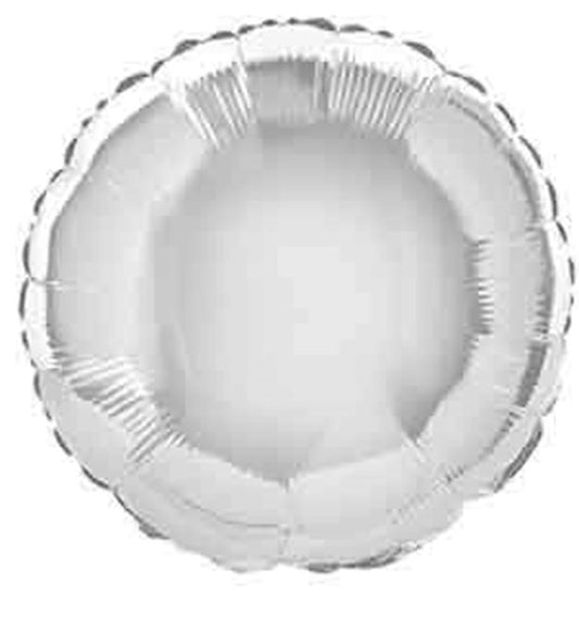 18-inch round silver foil balloon with scalloped edges and shiny surface.