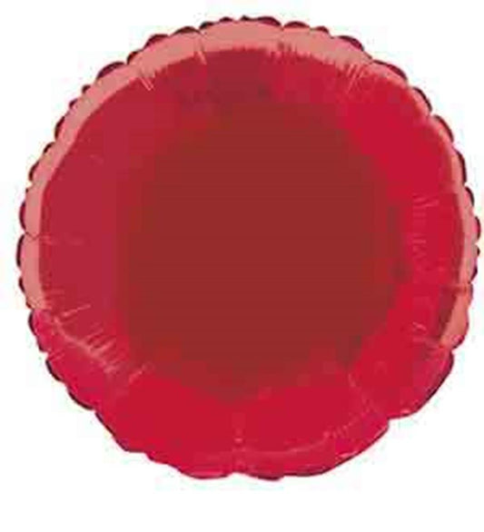 18-inch round red foil balloon with scalloped edges and shiny surface.