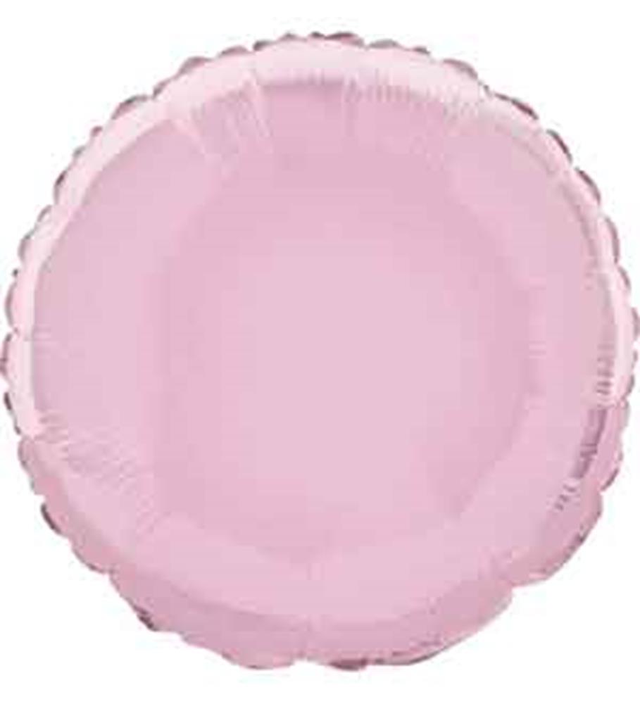 Round 18-inch pastel pink foil balloon with a smooth shiny surface and scalloped edges.