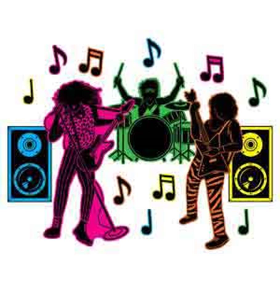 Colorful silhouette of three 80s-style musicians with guitars and drums surrounded by multicolored music notes and speakers.