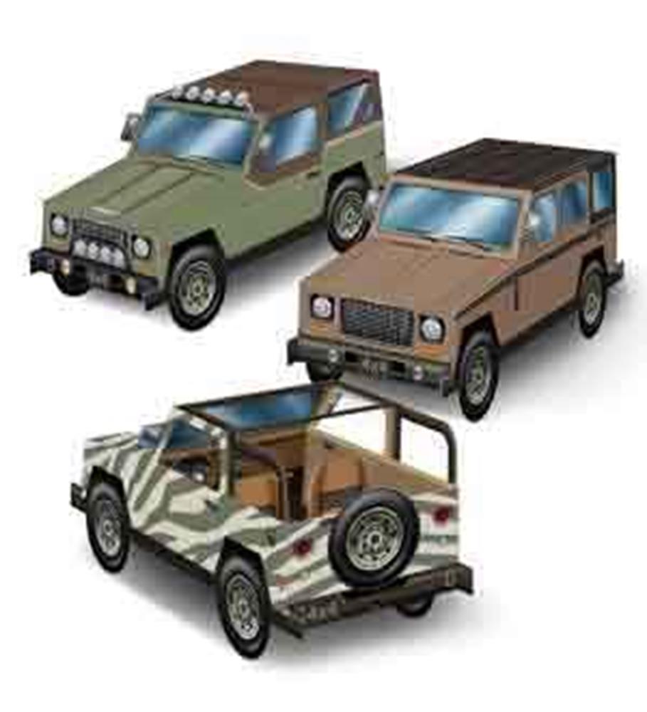 Three 3D SUV models in green, brown, and camouflage with detailed roofs, windows, and a spare tire on the back.