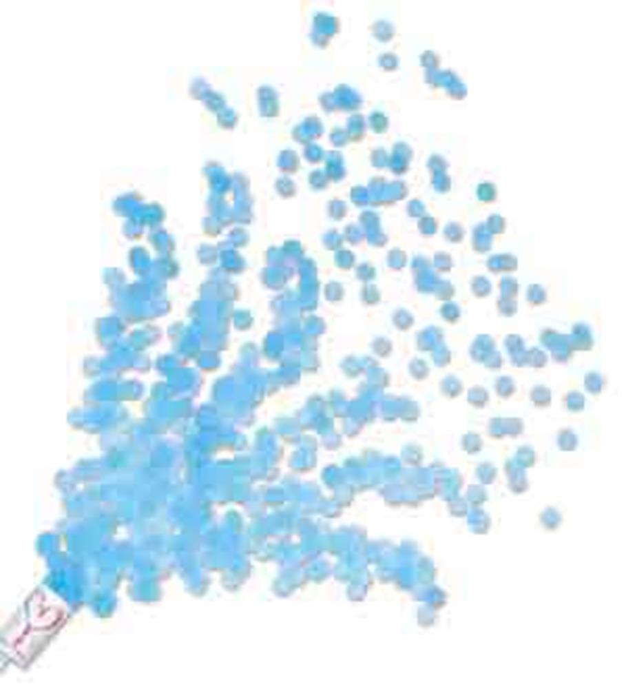 Blue confetti bursting from white and pink confetti popper tube with striped design.