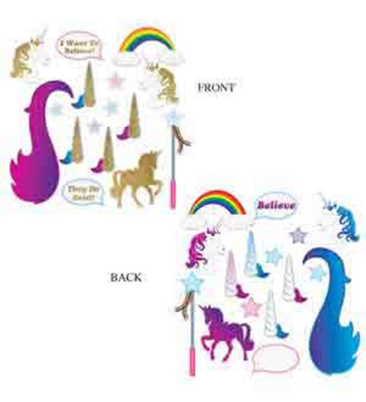 Colorful unicorn-themed photo props featuring unicorn silhouettes, horns, rainbows, stars, and speech bubbles with playful.