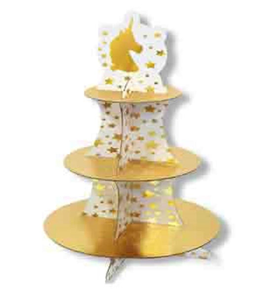 Three-tier gold cupcake stand with unicorn silhouette and star cutouts, cardboard material.