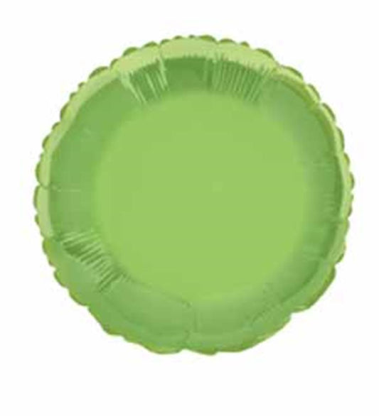 Round 18-inch lime green foil balloon with a shiny surface and scalloped edges.