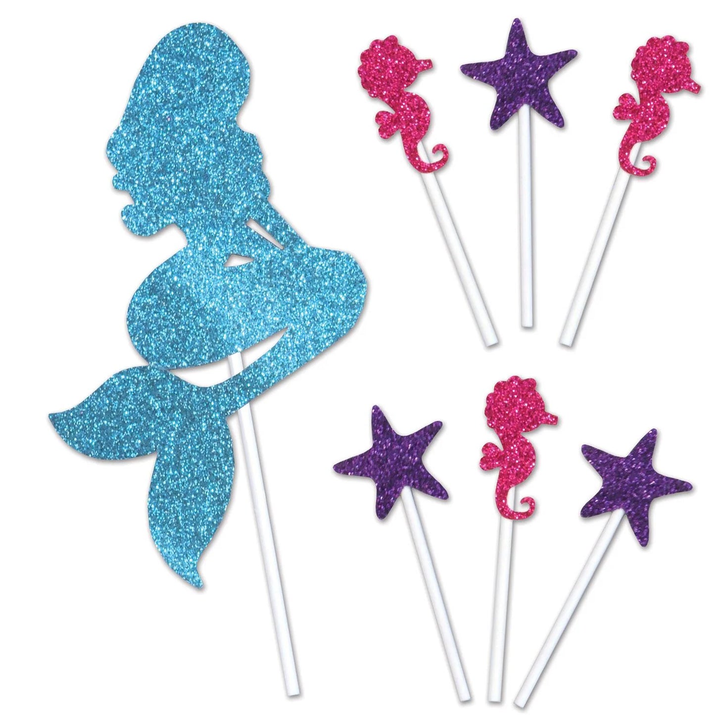 Blue glittery mermaid silhouette cake topper with purple starfish and pink seahorse picks on white sticks.