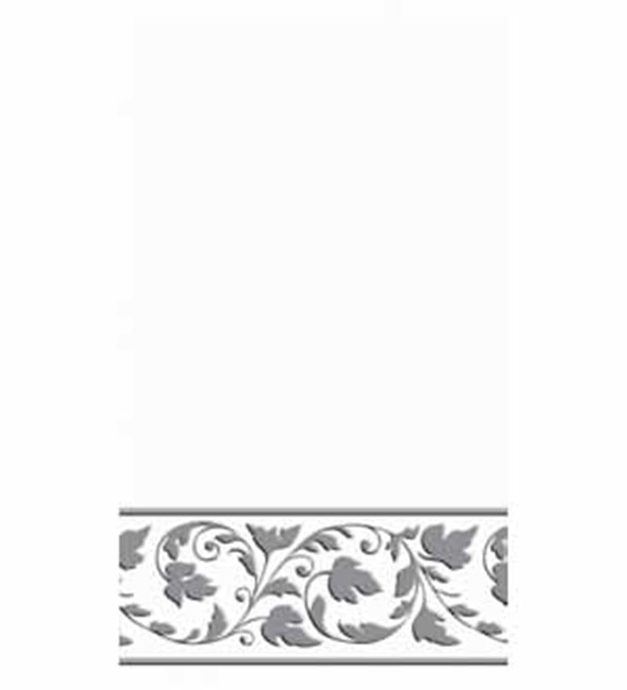 White guest towel with an elegant silver floral vine trim along the bottom edge.