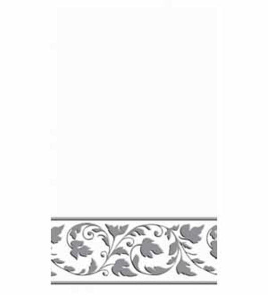 White guest towel with an elegant silver floral vine trim along the bottom edge.