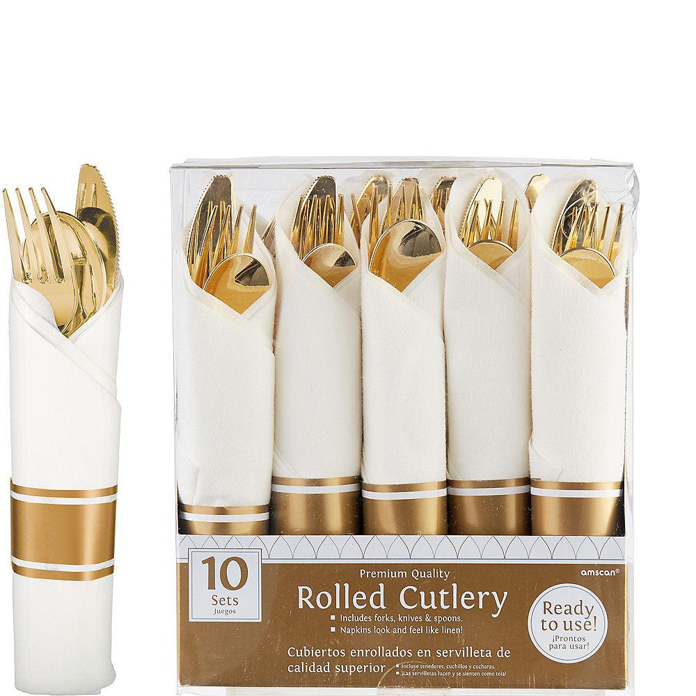 Set of 10 gold-toned rolled cutlery sets, each wrapped in a white napkin with gold stripes, displayed in clear packaging.