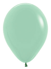 11-inch pastel dusk green latex balloon with a smooth, glossy surface and tied neck.