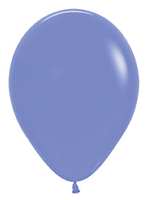 11 inch round periwinkle blue latex balloon with a glossy finish and tied end.
