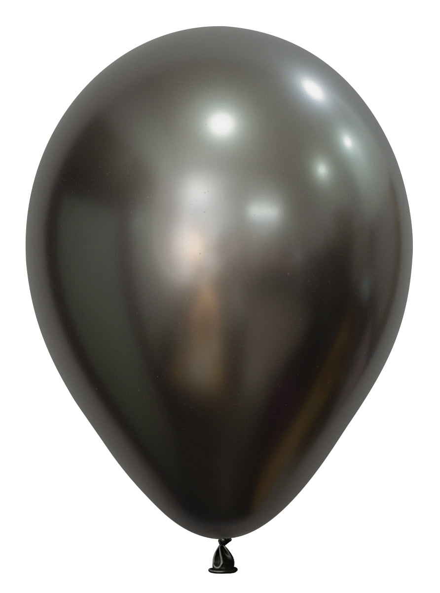 11-inch round midnight grey latex balloon with a silky, reflective finish and black tied end.