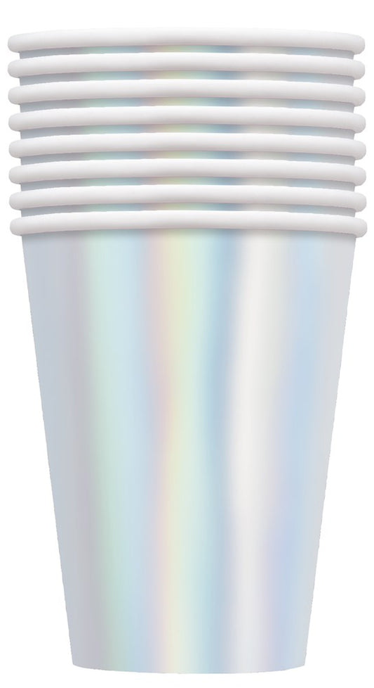 Stack of eight iridescent disposable cups with a shiny, rainbow-like finish and smooth surface.