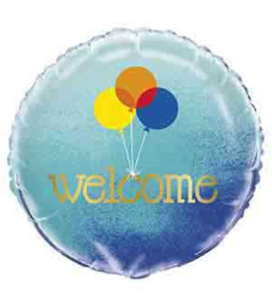 Round ombre foil balloon in shades of blue with gold "welcome" text and colorful balloon graphics.