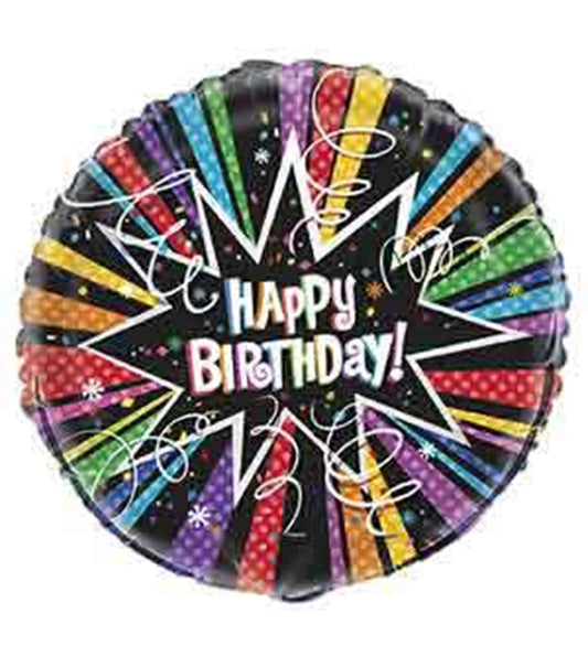 18-inch round foil balloon with colorful polka dot stripes and "Happy Birthday!" text in starburst design.
