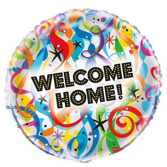 Round foil balloon with colorful confetti, streamers, stars, and bold "WELCOME HOME!" text in black and yellow.