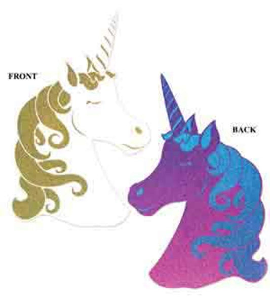 White unicorn cutout with gold mane and horn, purple unicorn cutout with blue mane and horn, both side views.