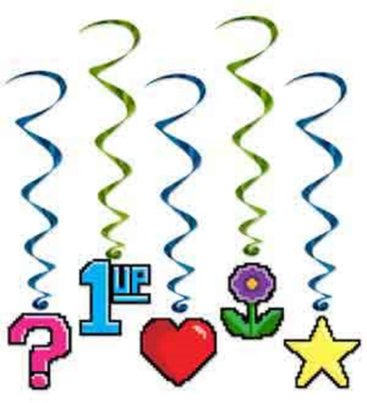 Blue and green spiral streamers with pixelated 1UP, question mark, heart, flower, and star decorations.
