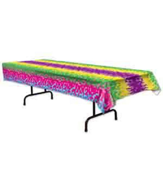 Colorful 8-bit pixelated graphic tablecover with bright green, yellow, purple, and pink stripes, plastic material.