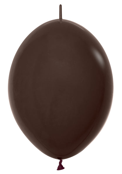 6-inch chocolate brown elongated latex balloon with a glossy finish and tied end.