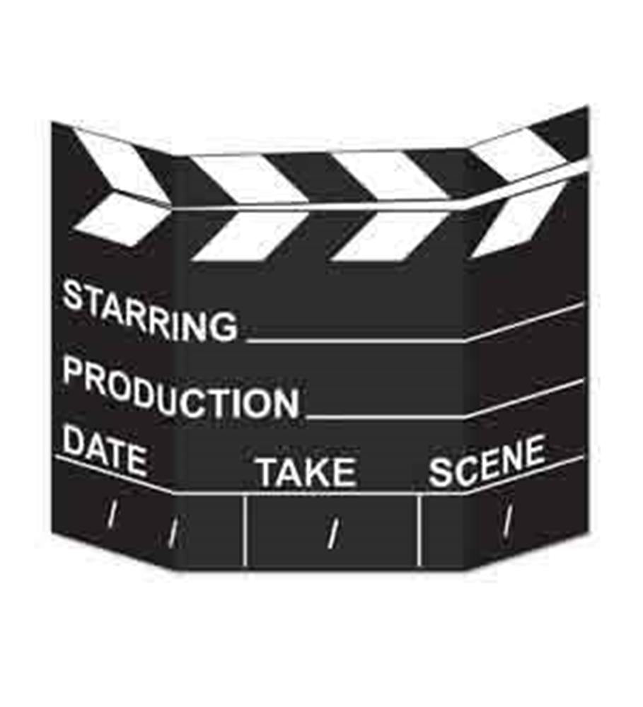 Black and white cardboard movie clapperboard prop with sections for starring, production, date, take, and scene details.