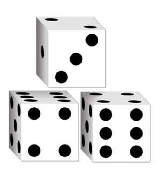 Three white casino dice favor boxes each with black dots showing different numbers on their faces.