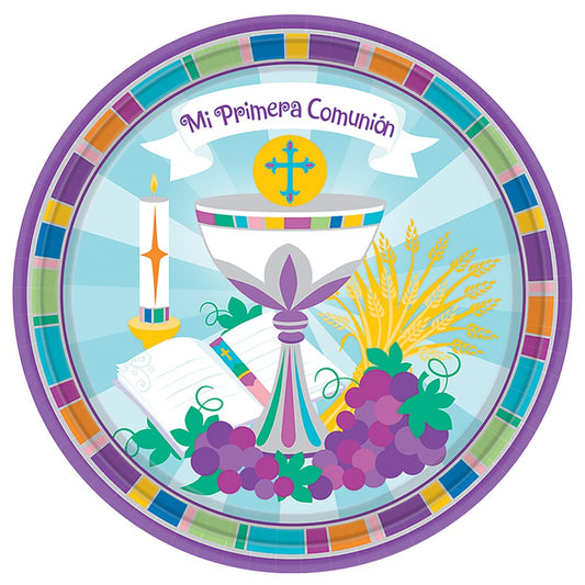 Round ceramic communion plate with colorful border, chalice, candle, grapes, wheat, and book design.