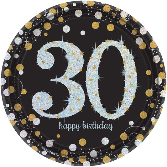 Sparkling Celebration Happy Birthday 30 Round Prismatic Plate 7 inch 8ct